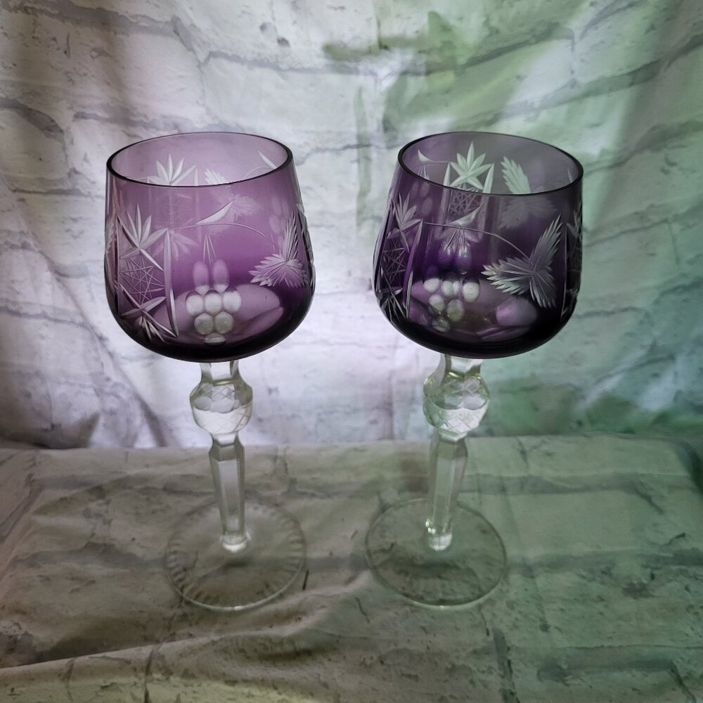 Vintage Purple etched Water, Glass,  goblet Drink Ware